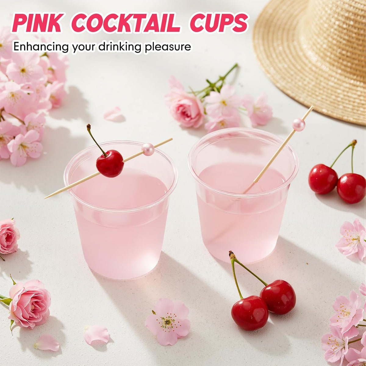 50 12oz Pink Plastic Cups 100 Cocktail Picks, Pink Party Cups