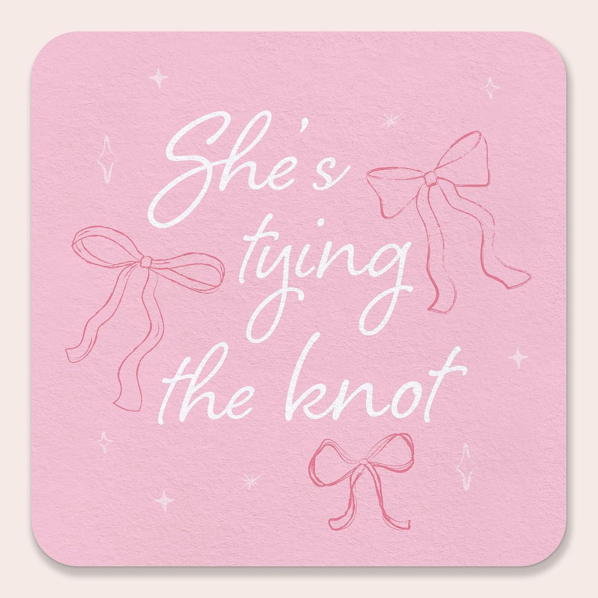 25 Ct She's Tying The Knot Drink Coasters, 4-Inch Disposable Square Paper Coasters for Pink Bows Bridal and Bachelorette Party, Funny Cocktail Table Decor for Bar Drinks