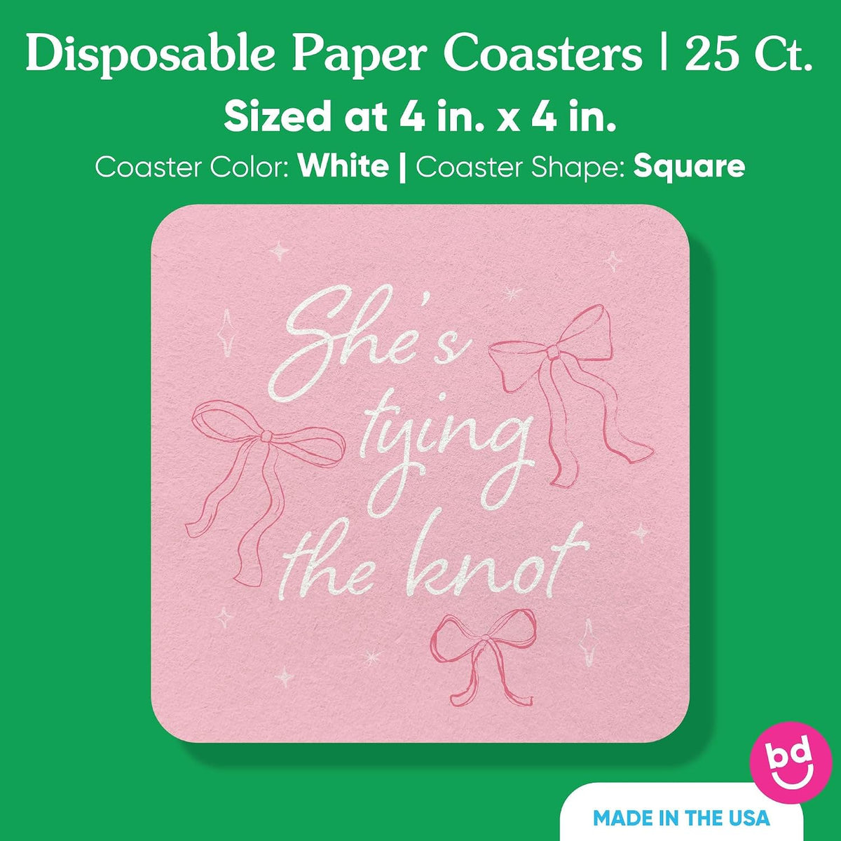 25 Ct She's Tying The Knot Drink Coasters, 4-Inch Disposable Square Paper Coasters for Pink Bows Bridal and Bachelorette Party, Funny Cocktail Table Decor for Bar Drinks