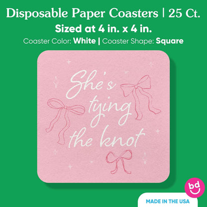 25 Ct She's Tying The Knot Drink Coasters, 4-Inch Disposable Square Paper Coasters for Pink Bows Bridal and Bachelorette Party, Funny Cocktail Table Decor for Bar Drinks