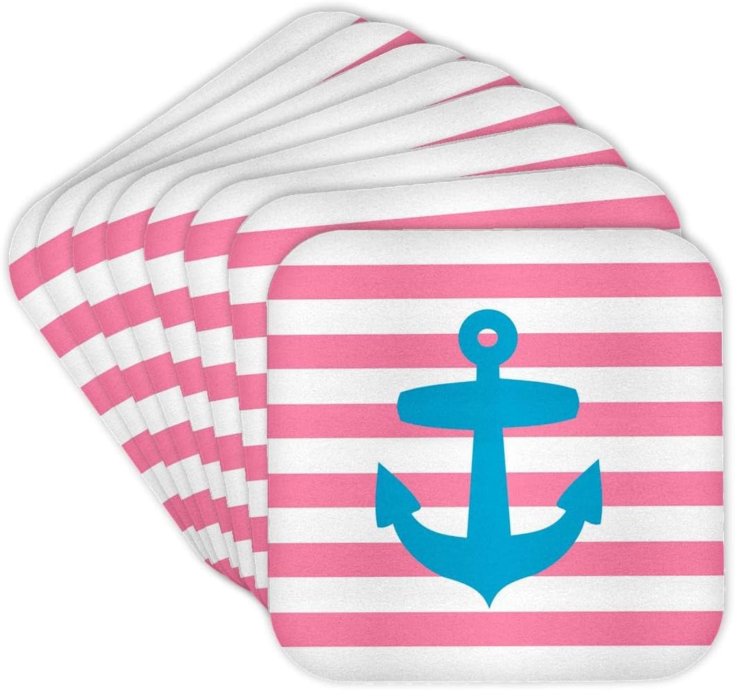 Nautical Blue Anchor Coral Pink Stripes Set of 8 Coasters - Cork