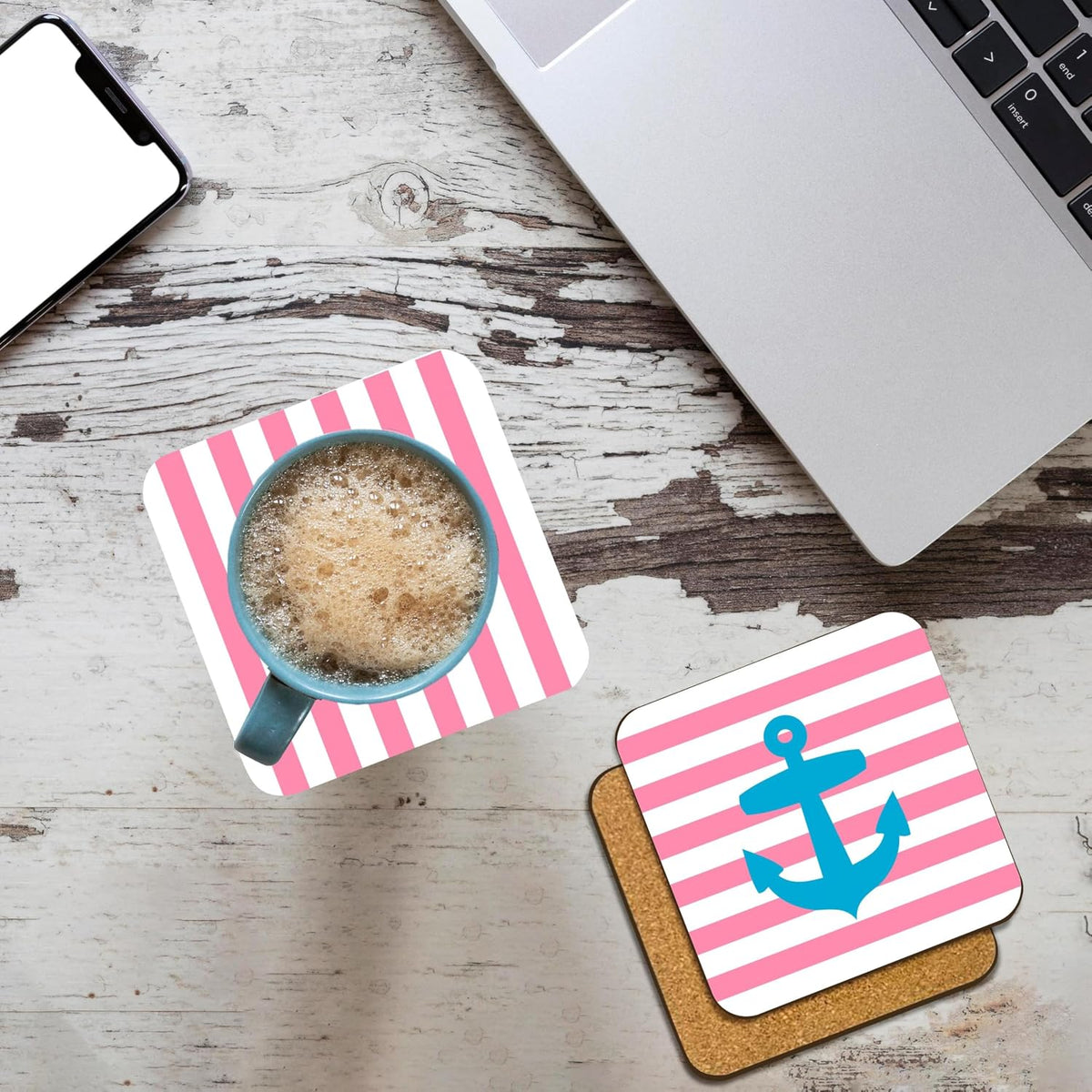 Nautical Blue Anchor Coral Pink Stripes Set of 8 Coasters - Cork