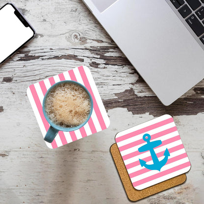 Nautical Blue Anchor Coral Pink Stripes Set of 8 Coasters - Cork