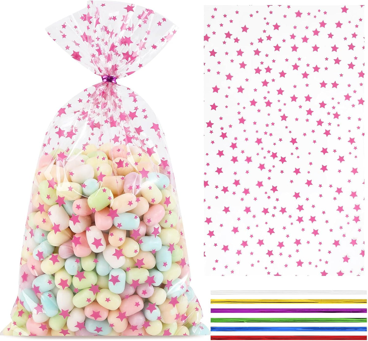 100 Pcs Pink Star 7"X12" Gift Wrap Cello Cellophane Treat Bags Party Favor Bags Clear Candy Cookie Plastic Poly Goodie Storage Bags with Twist Ties for Baby Shower, Gender Reveal, Birthday