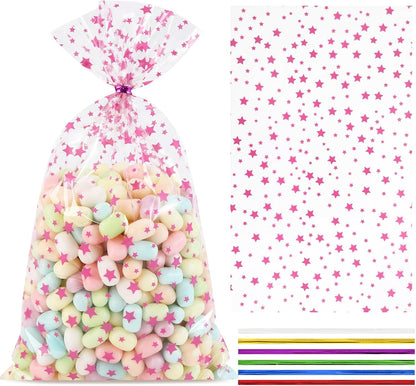 100 Pcs Pink Star 7"X12" Gift Wrap Cello Cellophane Treat Bags Party Favor Bags Clear Candy Cookie Plastic Poly Goodie Storage Bags with Twist Ties for Baby Shower, Gender Reveal, Birthday
