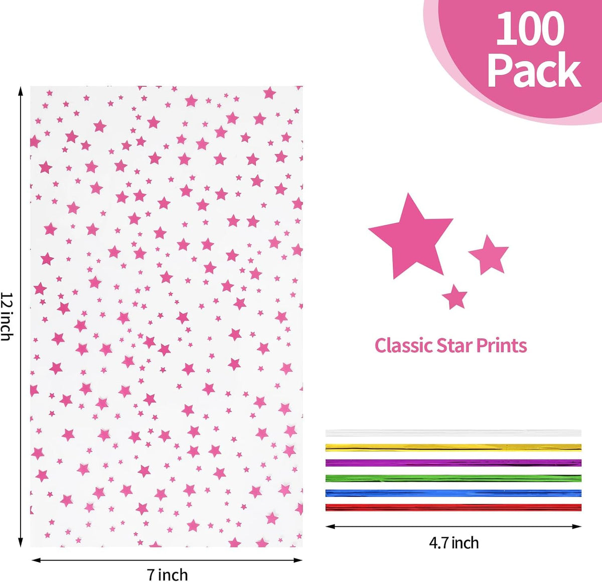 100 Pcs Pink Star 7"X12" Gift Wrap Cello Cellophane Treat Bags Party Favor Bags Clear Candy Cookie Plastic Poly Goodie Storage Bags with Twist Ties for Baby Shower, Gender Reveal, Birthday