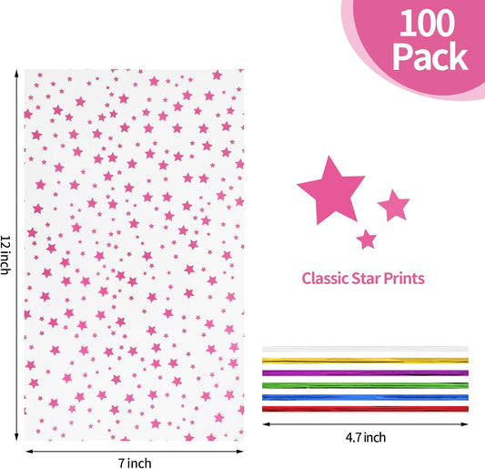 100 Pcs Pink Star 7"X12" Gift Wrap Cello Cellophane Treat Bags Party Favor Bags Clear Candy Cookie Plastic Poly Goodie Storage Bags with Twist Ties for Baby Shower, Gender Reveal, Birthday