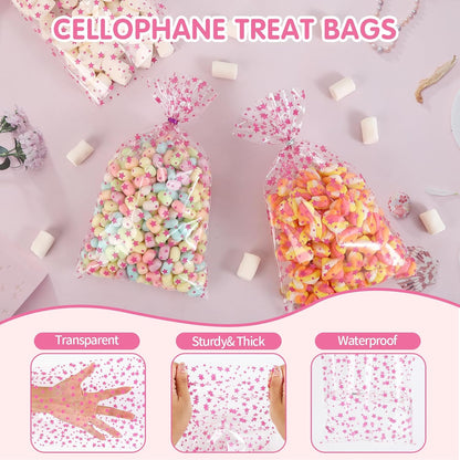 100 Pcs Pink Star 7"X12" Gift Wrap Cello Cellophane Treat Bags Party Favor Bags Clear Candy Cookie Plastic Poly Goodie Storage Bags with Twist Ties for Baby Shower, Gender Reveal, Birthday