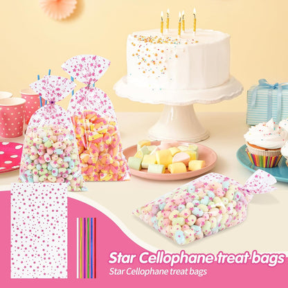 100 Pcs Pink Star 7"X12" Gift Wrap Cello Cellophane Treat Bags Party Favor Bags Clear Candy Cookie Plastic Poly Goodie Storage Bags with Twist Ties for Baby Shower, Gender Reveal, Birthday