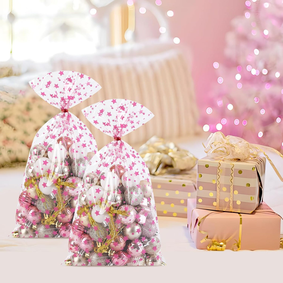 100 Pcs Pink Star 7"X12" Gift Wrap Cello Cellophane Treat Bags Party Favor Bags Clear Candy Cookie Plastic Poly Goodie Storage Bags with Twist Ties for Baby Shower, Gender Reveal, Birthday