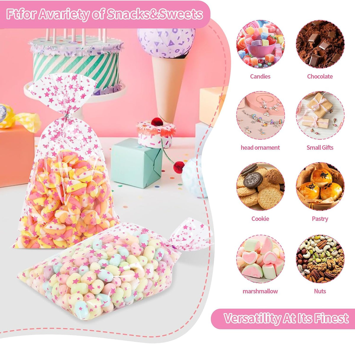 100 Pcs Pink Star 7"X12" Gift Wrap Cello Cellophane Treat Bags Party Favor Bags Clear Candy Cookie Plastic Poly Goodie Storage Bags with Twist Ties for Baby Shower, Gender Reveal, Birthday