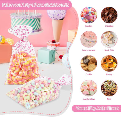 100 Pcs Pink Star 7"X12" Gift Wrap Cello Cellophane Treat Bags Party Favor Bags Clear Candy Cookie Plastic Poly Goodie Storage Bags with Twist Ties for Baby Shower, Gender Reveal, Birthday