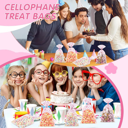 100 Pcs Pink Star 7"X12" Gift Wrap Cello Cellophane Treat Bags Party Favor Bags Clear Candy Cookie Plastic Poly Goodie Storage Bags with Twist Ties for Baby Shower, Gender Reveal, Birthday