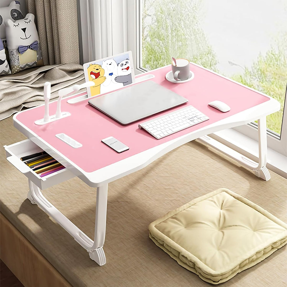 Laptop Bed Table, Laptop Desk for Bed, Foldable Laptop Bed Desk with USB Charge Port, Handle, Desktop Card Slot, Cup Slot, Side Drawer, Portable Laptop Table for Bed Eating Reading Working