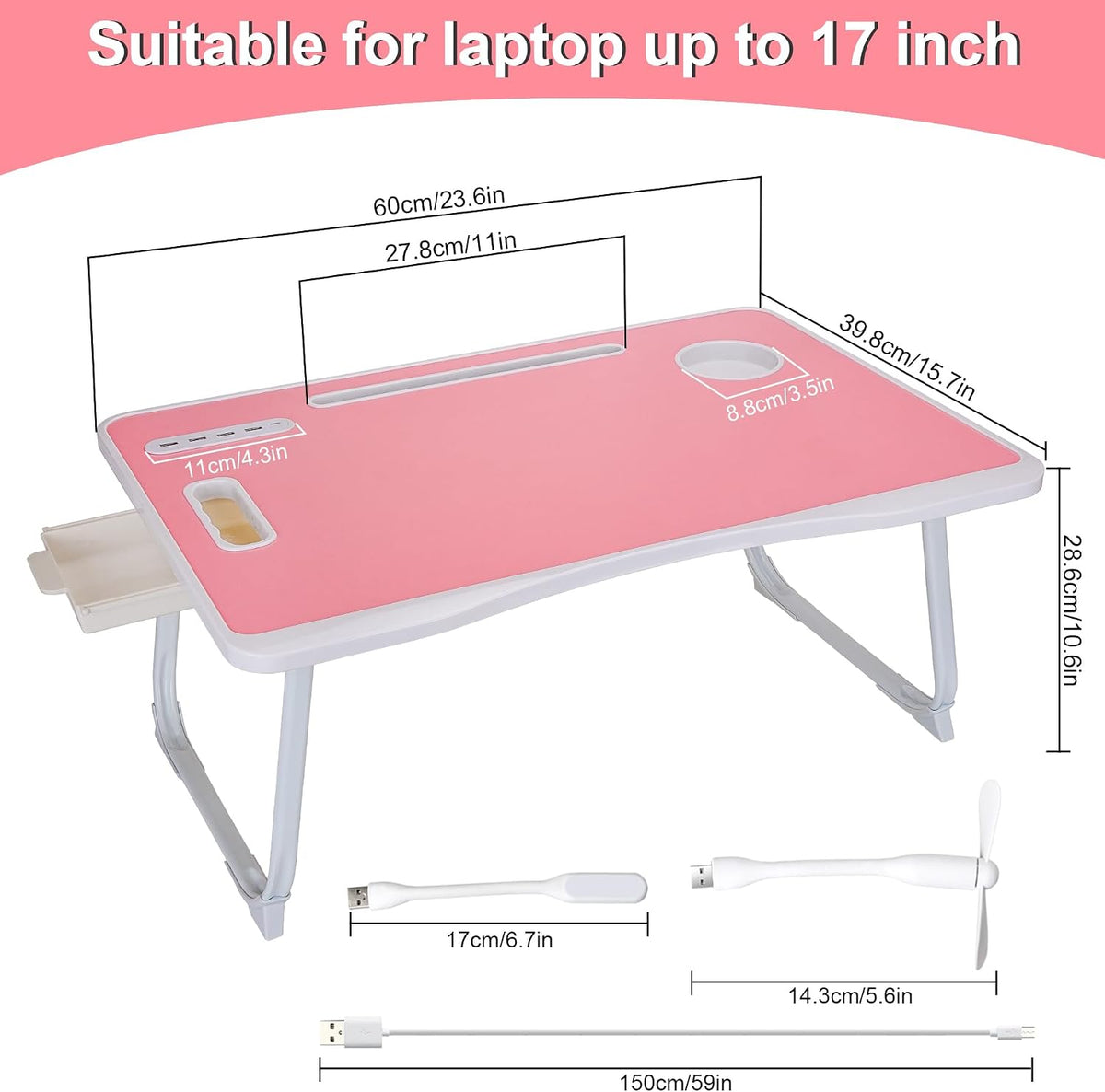 Laptop Bed Table, Laptop Desk for Bed, Foldable Laptop Bed Desk with USB Charge Port, Handle, Desktop Card Slot, Cup Slot, Side Drawer, Portable Laptop Table for Bed Eating Reading Working