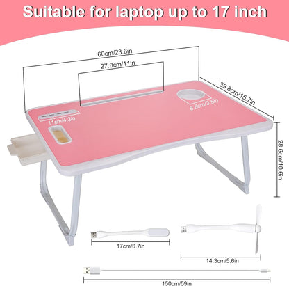 Laptop Bed Table, Laptop Desk for Bed, Foldable Laptop Bed Desk with USB Charge Port, Handle, Desktop Card Slot, Cup Slot, Side Drawer, Portable Laptop Table for Bed Eating Reading Working