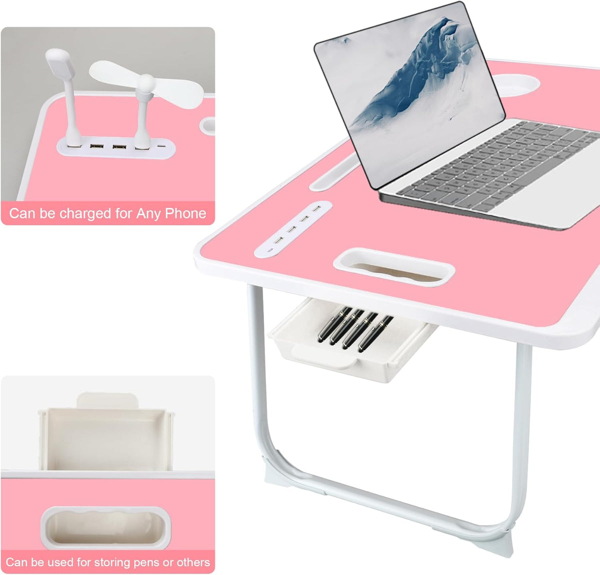 Laptop Bed Table, Laptop Desk for Bed, Foldable Laptop Bed Desk with USB Charge Port, Handle, Desktop Card Slot, Cup Slot, Side Drawer, Portable Laptop Table for Bed Eating Reading Working