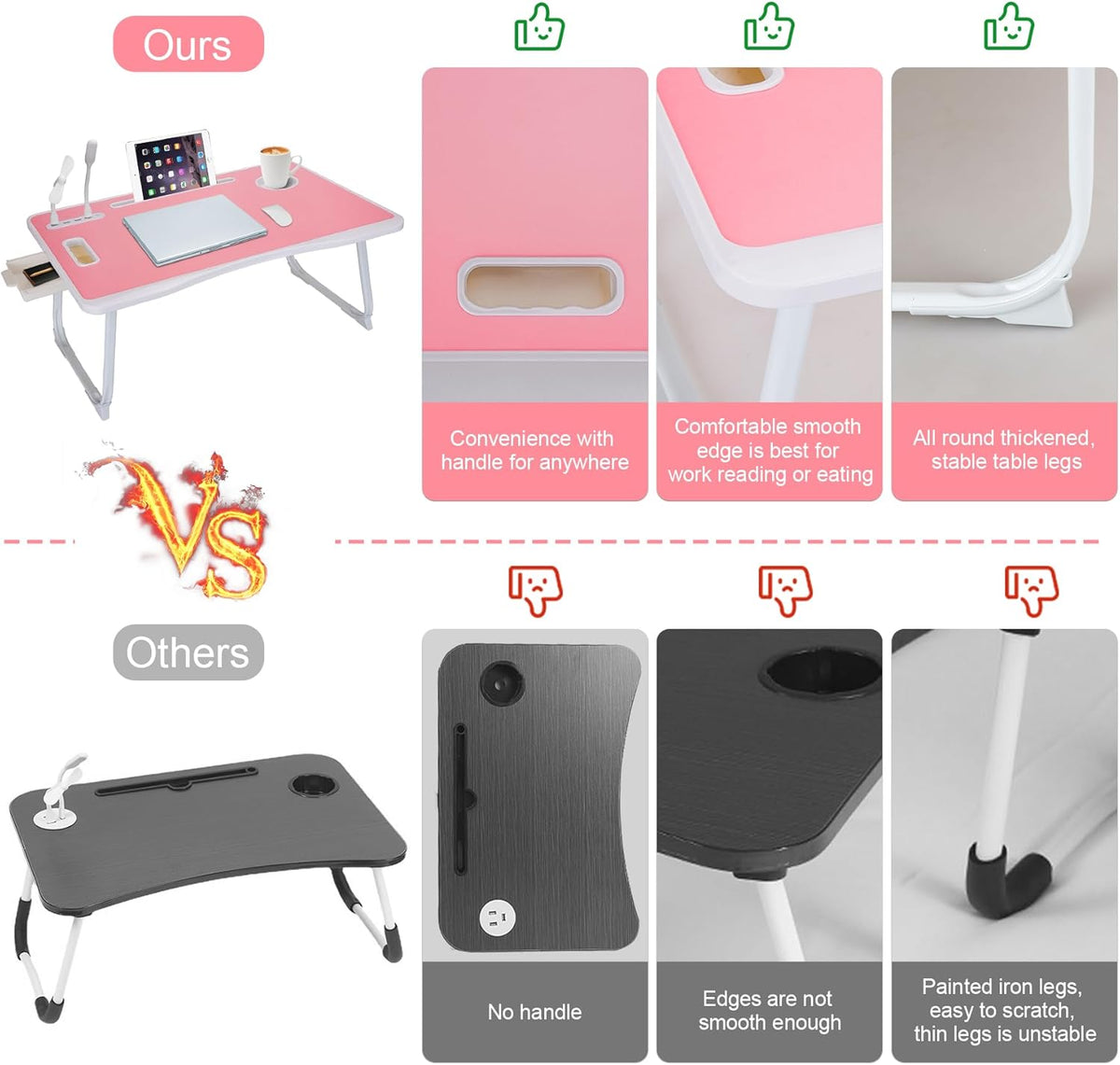 Laptop Bed Table, Laptop Desk for Bed, Foldable Laptop Bed Desk with USB Charge Port, Handle, Desktop Card Slot, Cup Slot, Side Drawer, Portable Laptop Table for Bed Eating Reading Working