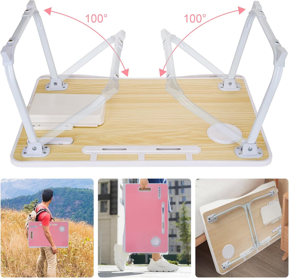 Laptop Bed Table, Laptop Desk for Bed, Foldable Laptop Bed Desk with USB Charge Port, Handle, Desktop Card Slot, Cup Slot, Side Drawer, Portable Laptop Table for Bed Eating Reading Working