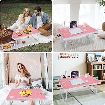 Laptop Bed Table, Laptop Desk for Bed, Foldable Laptop Bed Desk with USB Charge Port, Handle, Desktop Card Slot, Cup Slot, Side Drawer, Portable Laptop Table for Bed Eating Reading Working