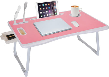 Laptop Bed Table, Laptop Desk for Bed, Foldable Laptop Bed Desk with USB Charge Port, Handle, Desktop Card Slot, Cup Slot, Side Drawer, Portable Laptop Table for Bed Eating Reading Working
