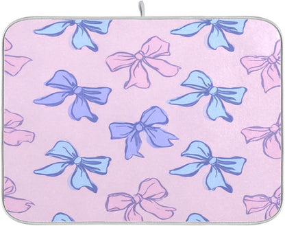 Bows Light Pink Blue Dish Drying Mat Absorbent Dishes Drainer Rack Mats Microfiber Reversible Dish Drying Pad Fast Dry Kitchen Accessories 16x18in For Kitchen Counter
