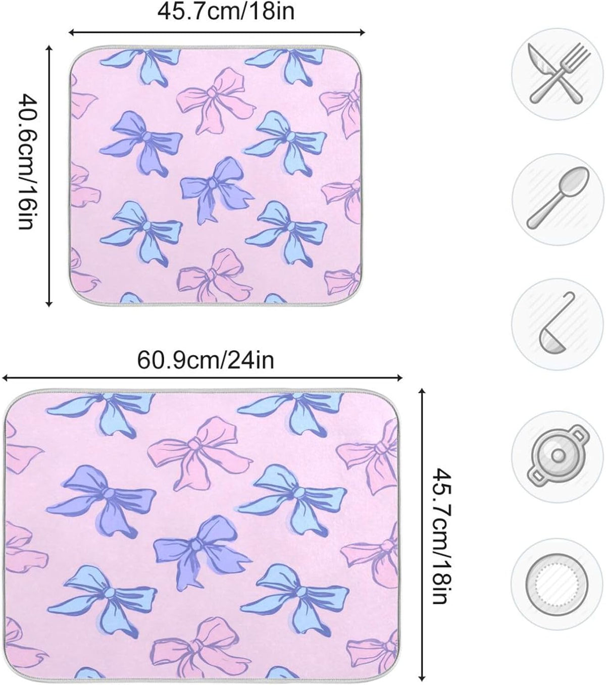 Bows Light Pink Blue Dish Drying Mat Absorbent Dishes Drainer Rack Mats Microfiber Reversible Dish Drying Pad Fast Dry Kitchen Accessories 16x18in For Kitchen Counter