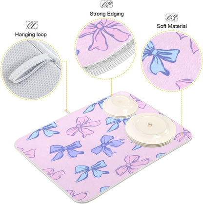 Bows Light Pink Blue Dish Drying Mat Absorbent Dishes Drainer Rack Mats Microfiber Reversible Dish Drying Pad Fast Dry Kitchen Accessories 16x18in For Kitchen Counter