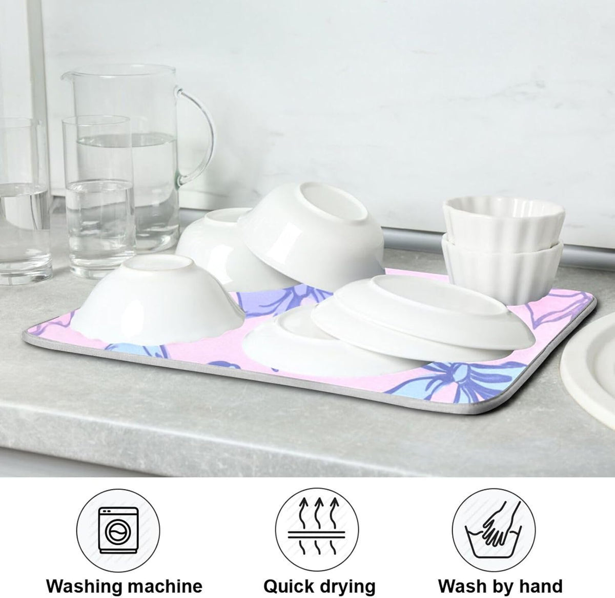 Bows Light Pink Blue Dish Drying Mat Absorbent Dishes Drainer Rack Mats Microfiber Reversible Dish Drying Pad Fast Dry Kitchen Accessories 16x18in For Kitchen Counter