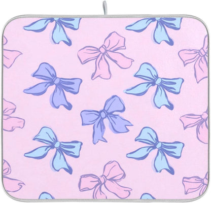 Bows Light Pink Blue Dish Drying Mat Absorbent Dishes Drainer Rack Mats Microfiber Reversible Dish Drying Pad Fast Dry Kitchen Accessories 16x18in For Kitchen Counter
