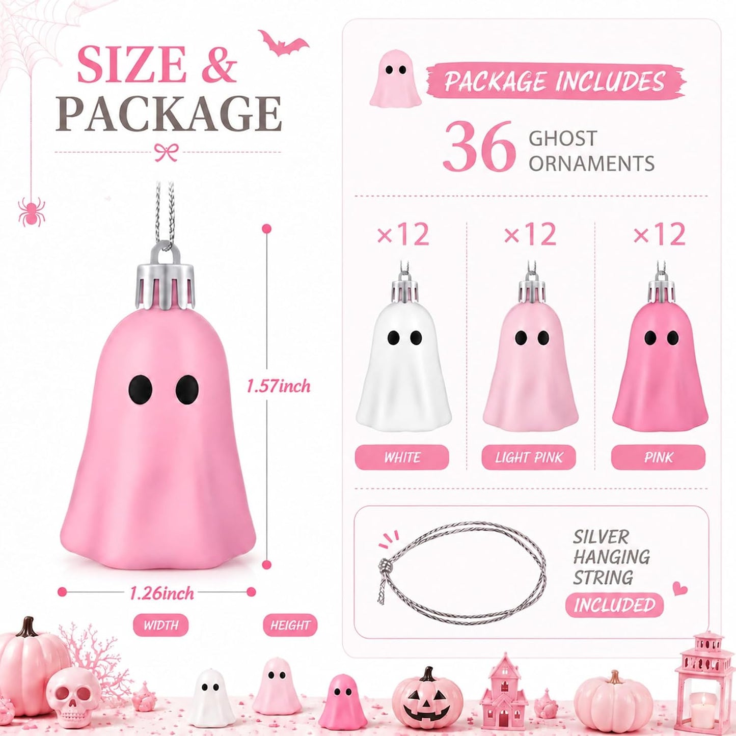 36 Pcs Halloween Tree Ornament Ghost Tree Decor, Light Pink, Pink, White