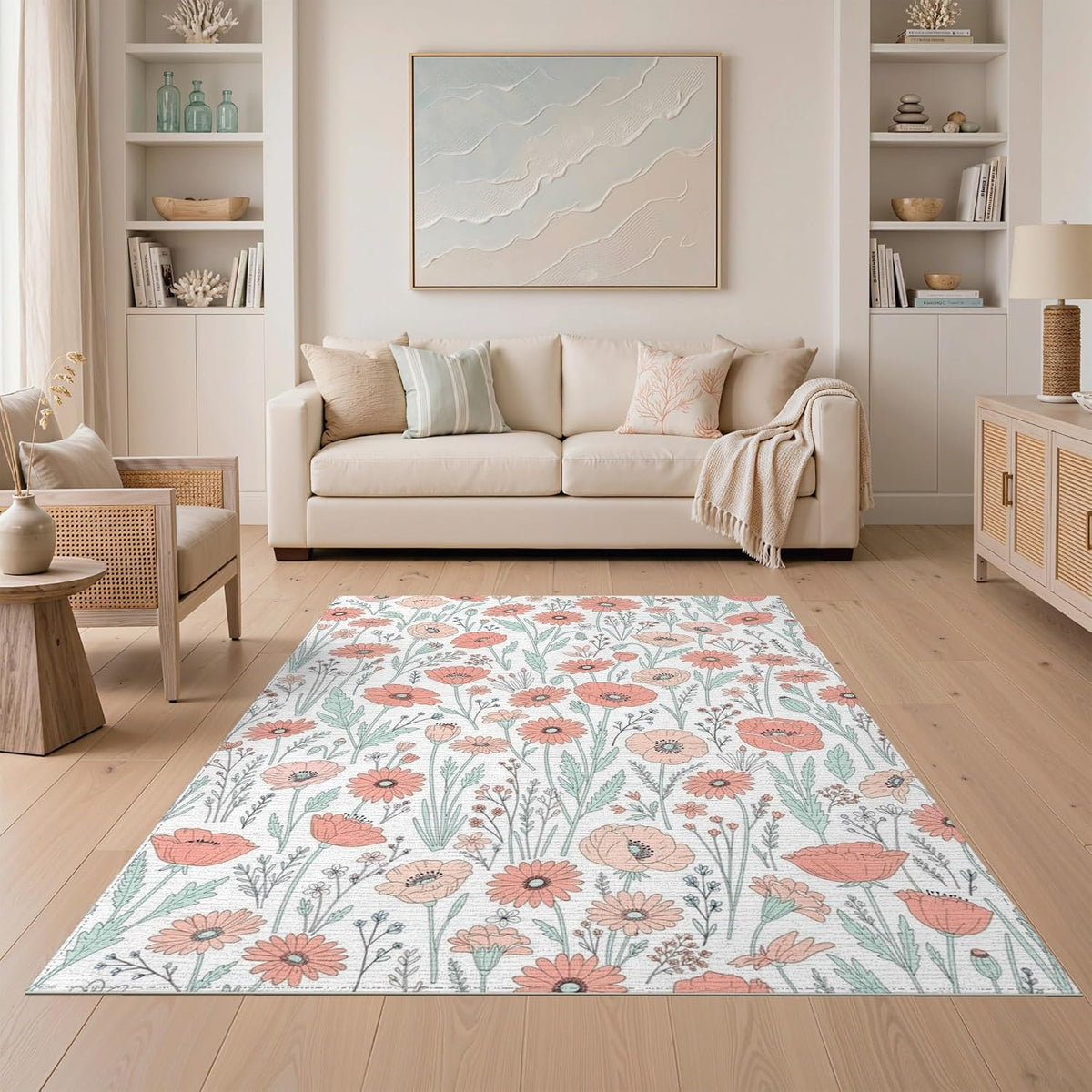5'x7' Washable Flatwoven Rug, Peach Contemporary Botanical Stain Resistant Area Rug for Guest Room, Lounge, Apartment, Non-Slip Low Profile Floor Covering | Ref:2114271