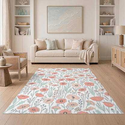 5'x7' Washable Flatwoven Rug, Peach Contemporary Botanical Stain Resistant Area Rug for Guest Room, Lounge, Apartment, Non-Slip Low Profile Floor Covering | Ref:2114271