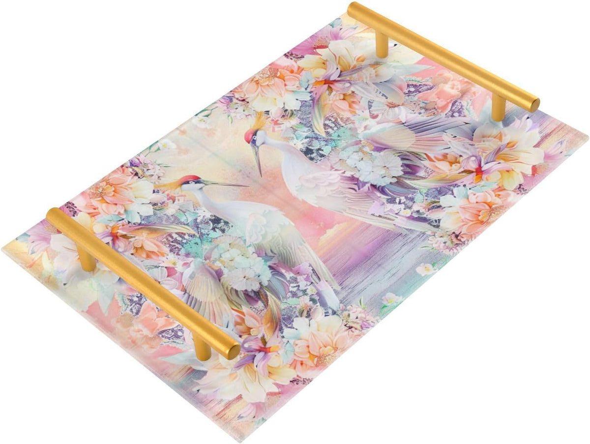 Florals Crane Bohov Peach Decorative Kitchen Tray with Handles Table Serving Tray for Jewelry Perfume for Drink Serving bandeja para servir con asas
