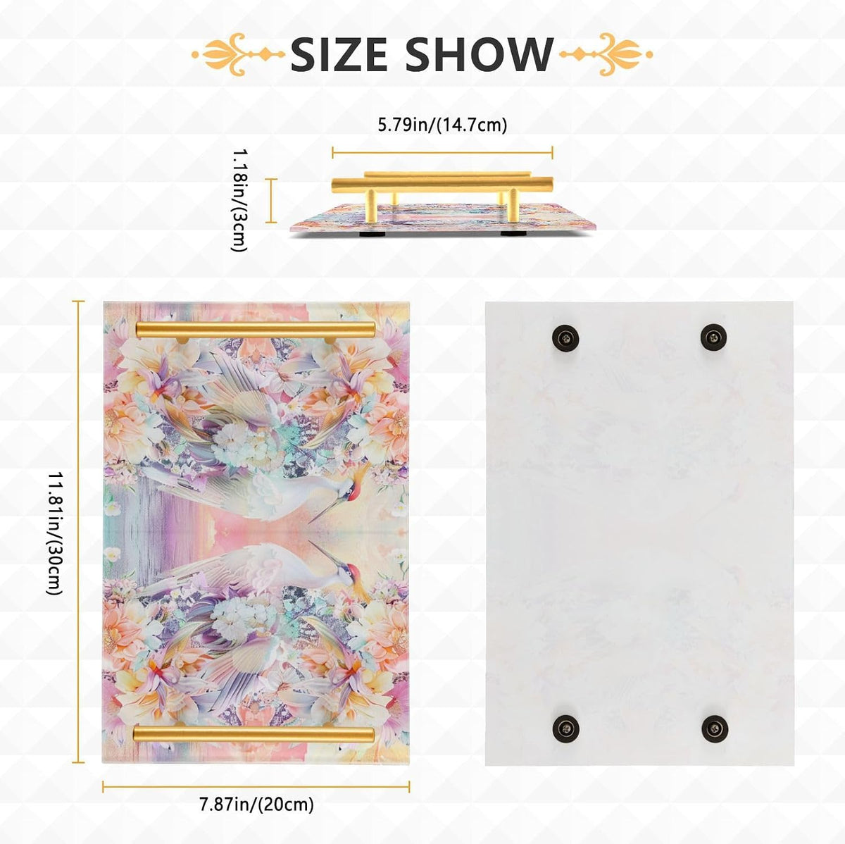 Florals Crane Bohov Peach Decorative Kitchen Tray with Handles Table Serving Tray for Jewelry Perfume for Drink Serving bandeja para servir con asas