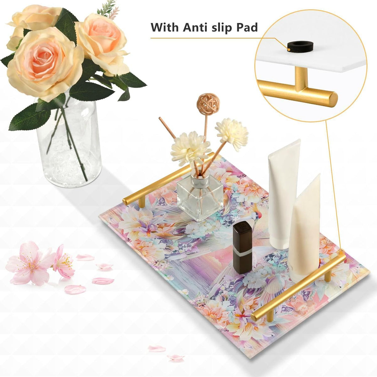 Florals Crane Bohov Peach Decorative Kitchen Tray with Handles Table Serving Tray for Jewelry Perfume for Drink Serving bandeja para servir con asas