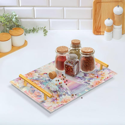 Florals Crane Bohov Peach Decorative Kitchen Tray with Handles Table Serving Tray for Jewelry Perfume for Drink Serving bandeja para servir con asas