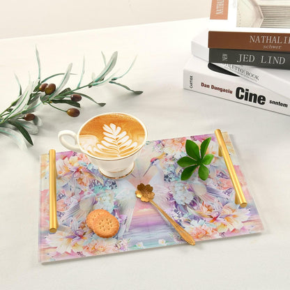 Florals Crane Bohov Peach Decorative Kitchen Tray with Handles Table Serving Tray for Jewelry Perfume for Drink Serving bandeja para servir con asas