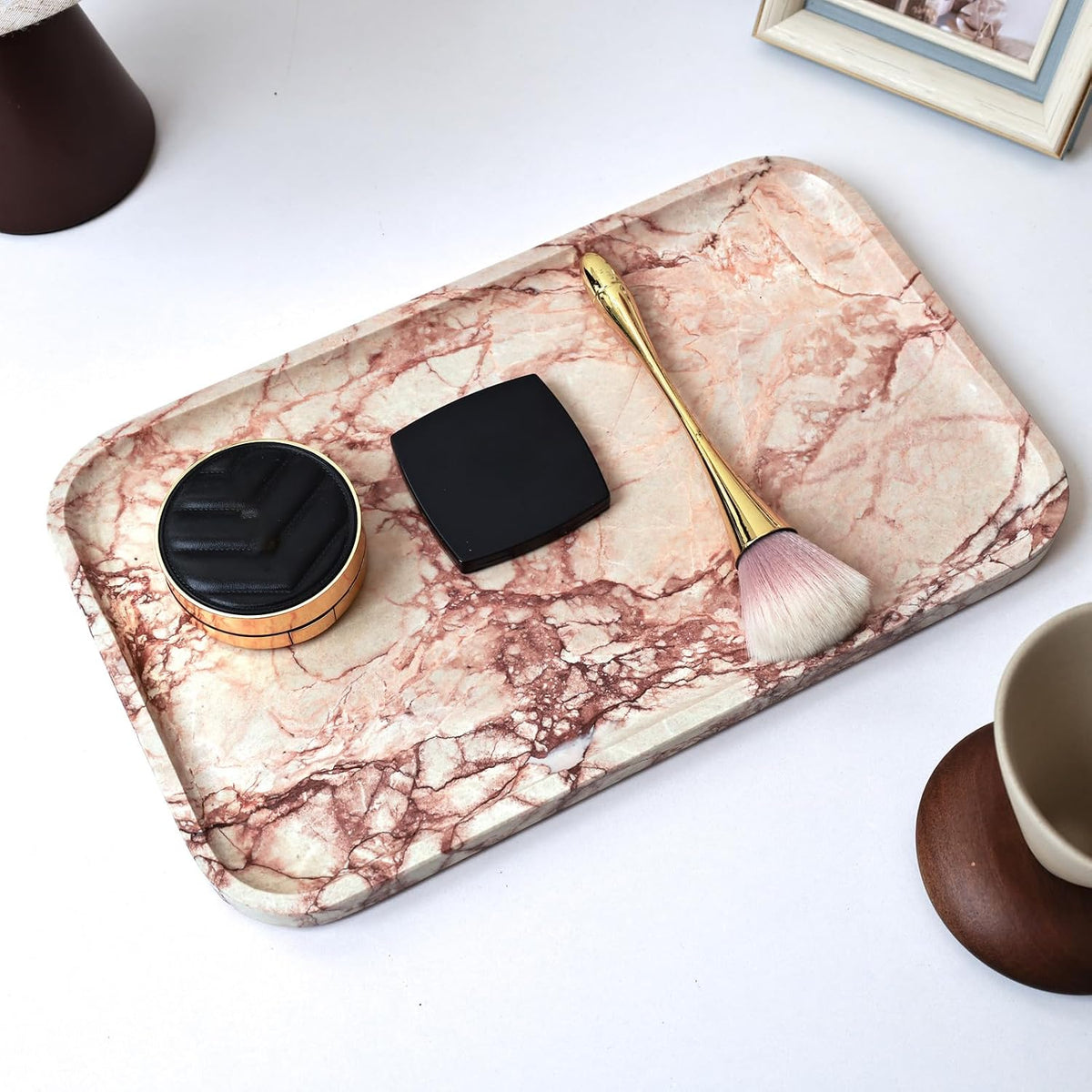 14" x 8.5" Natural Marble Tray for Kitchen, Bathroom, Living Room – Serving/Decorative Vanity Tray for Jewelry, Candles, Decor (Pink)