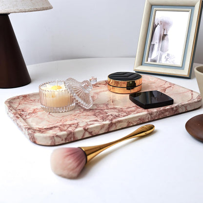 14" x 8.5" Natural Marble Tray for Kitchen, Bathroom, Living Room – Serving/Decorative Vanity Tray for Jewelry, Candles, Decor (Pink)