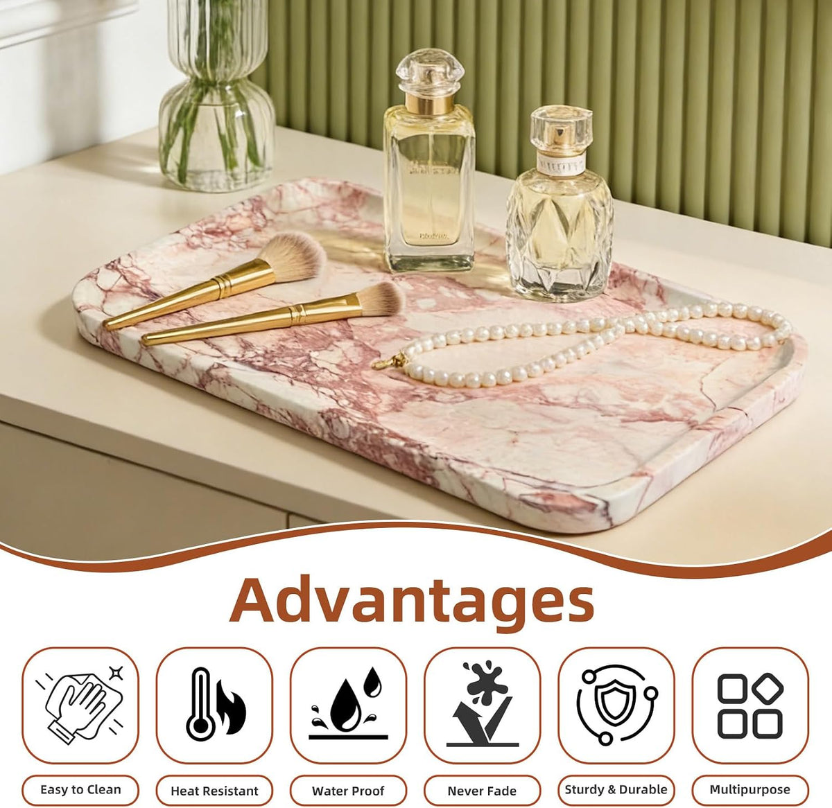 14" x 8.5" Natural Marble Tray for Kitchen, Bathroom, Living Room – Serving/Decorative Vanity Tray for Jewelry, Candles, Decor (Pink)