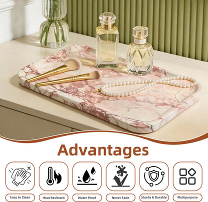 14" x 8.5" Natural Marble Tray for Kitchen, Bathroom, Living Room – Serving/Decorative Vanity Tray for Jewelry, Candles, Decor (Pink)