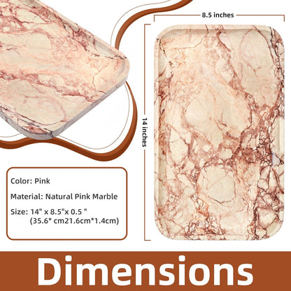 14" x 8.5" Natural Marble Tray for Kitchen, Bathroom, Living Room – Serving/Decorative Vanity Tray for Jewelry, Candles, Decor (Pink)
