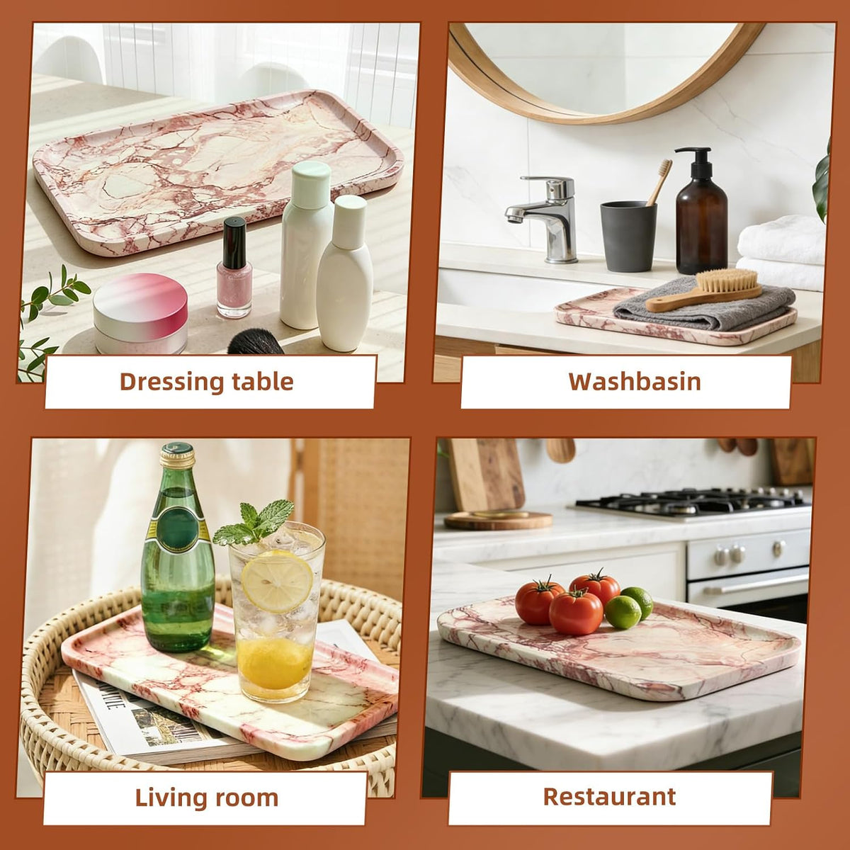 14" x 8.5" Natural Marble Tray for Kitchen, Bathroom, Living Room – Serving/Decorative Vanity Tray for Jewelry, Candles, Decor (Pink)
