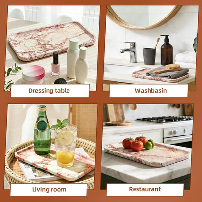 14" x 8.5" Natural Marble Tray for Kitchen, Bathroom, Living Room – Serving/Decorative Vanity Tray for Jewelry, Candles, Decor (Pink)
