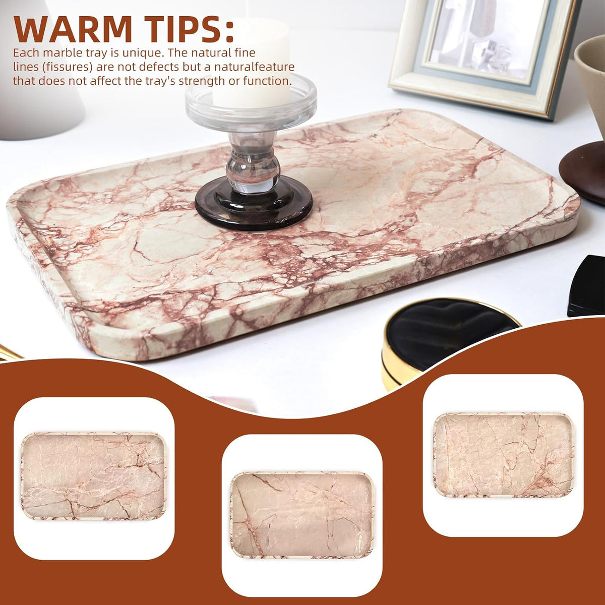 14" x 8.5" Natural Marble Tray for Kitchen, Bathroom, Living Room – Serving/Decorative Vanity Tray for Jewelry, Candles, Decor (Pink)