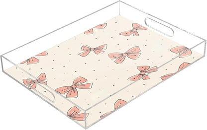Light Pink Bow Acrylic Serving Tray with Handles 12 x 16 Inch, Sturdy Spill-Proof & Non-Slip Decorative Tray for Kitchen Countertop, Bathroom Vanity Organizer, Ottoman Coffee Table