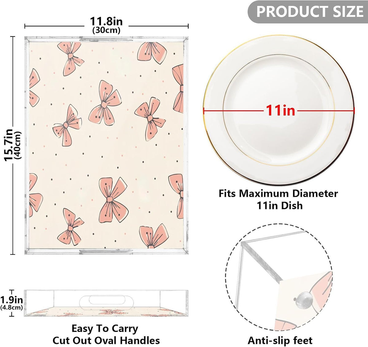 Light Pink Bow Acrylic Serving Tray with Handles 12 x 16 Inch, Sturdy Spill-Proof & Non-Slip Decorative Tray for Kitchen Countertop, Bathroom Vanity Organizer, Ottoman Coffee Table
