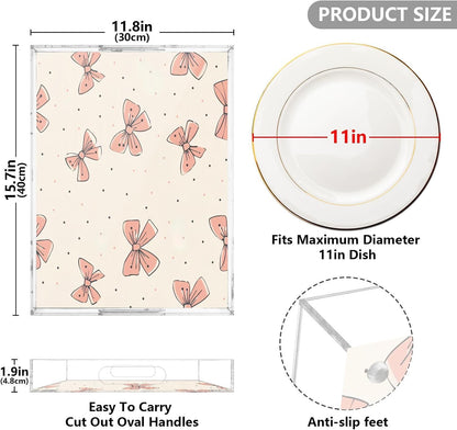 Light Pink Bow Acrylic Serving Tray with Handles 12 x 16 Inch, Sturdy Spill-Proof & Non-Slip Decorative Tray for Kitchen Countertop, Bathroom Vanity Organizer, Ottoman Coffee Table