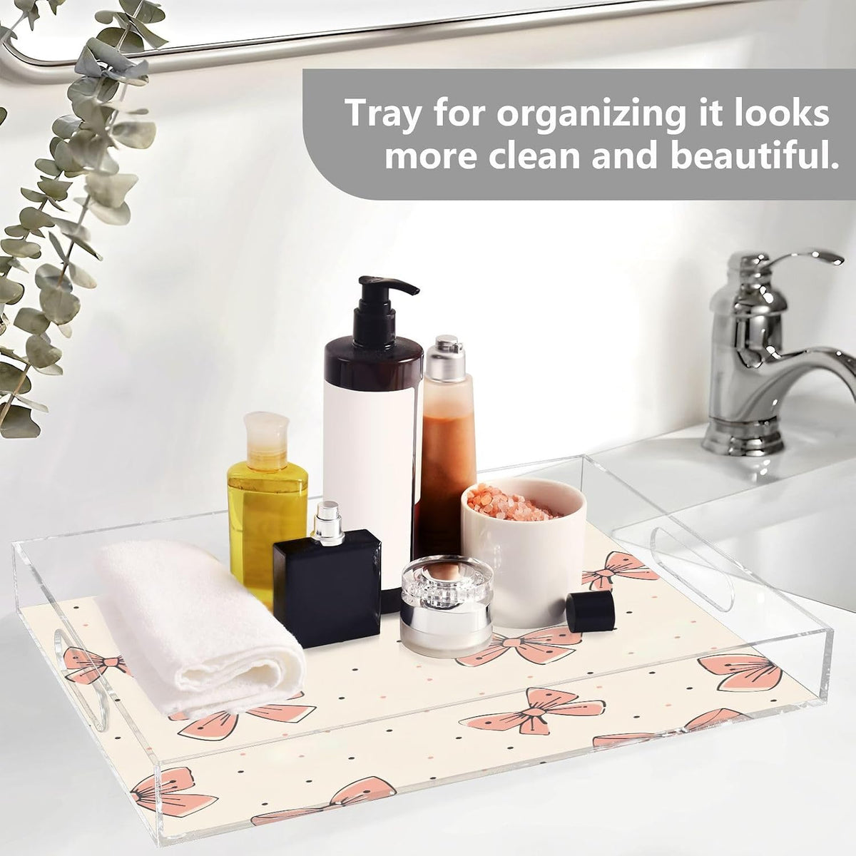 Light Pink Bow Acrylic Serving Tray with Handles 12 x 16 Inch, Sturdy Spill-Proof & Non-Slip Decorative Tray for Kitchen Countertop, Bathroom Vanity Organizer, Ottoman Coffee Table